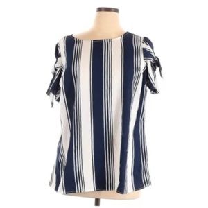 EUC Roz & Ali Navy Stripe Shirt with Tie Sleeve Detail